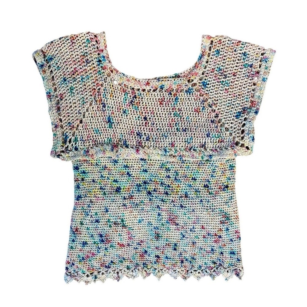 Handknit Rainbow Speckled Crocheted  Top Cottagecore Grandmacore Women's XS